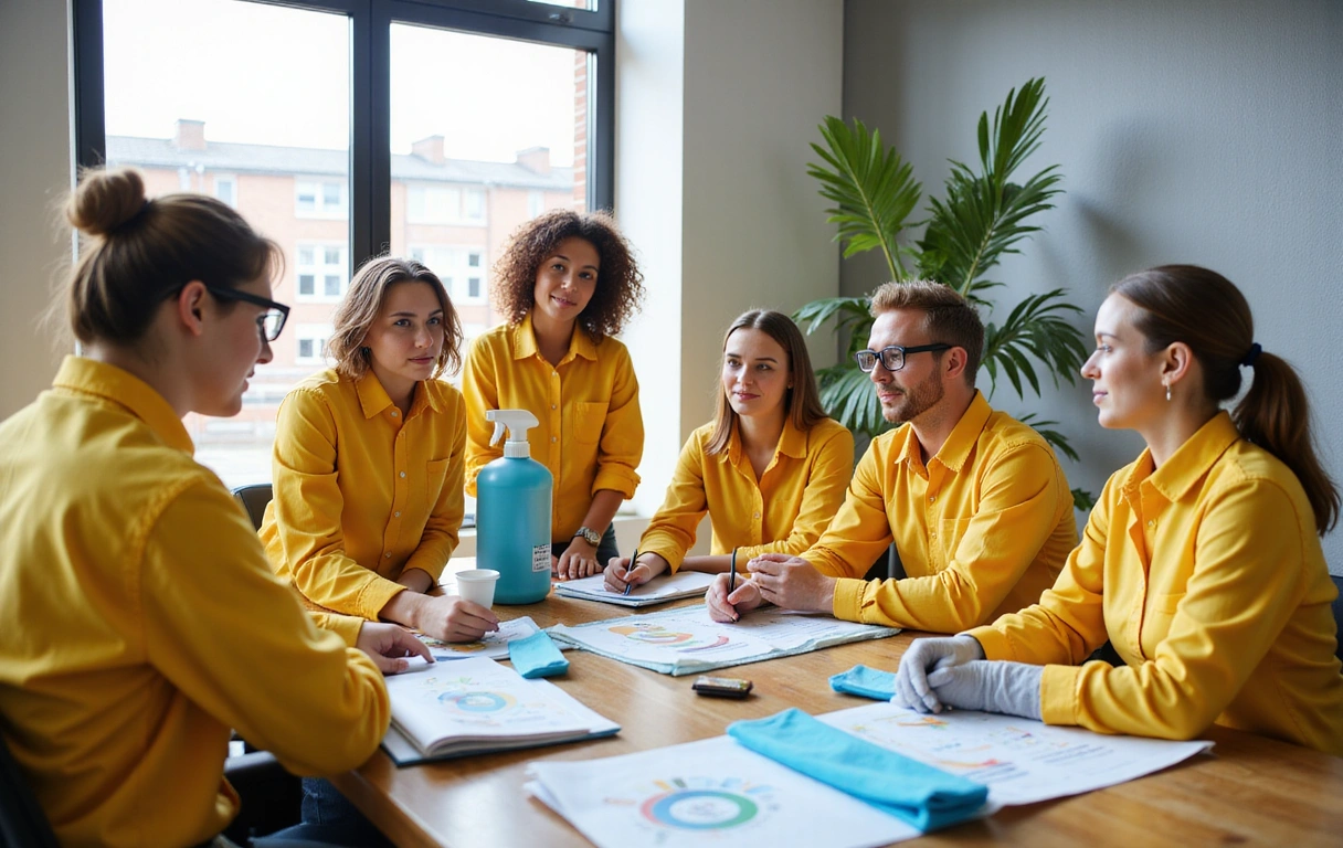 A team of brightcrew cleaners working efficiently in a modern, clean environment.