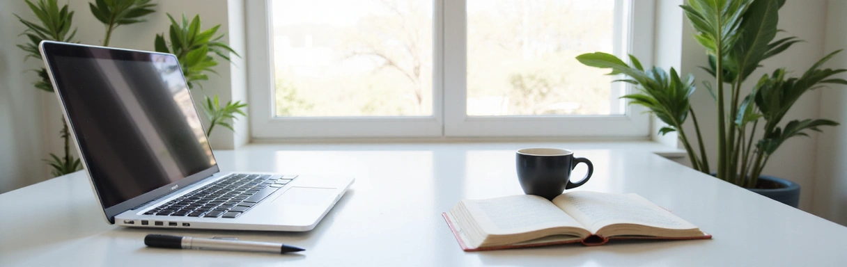 A bright, clean office space with a laptop and coffee cup, symbolizing insightful content and a fresh start.